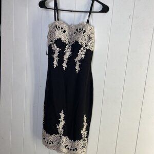 HAUTE MONDE LADIES Sz S CHIC SEMI FORMAL BLACK DRESS w/beige‎ BROCADE